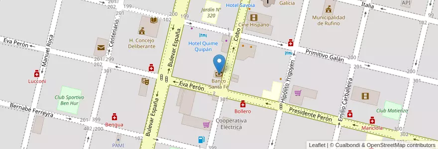 Mapa de ubicacion de Banco Santa Fe en Arjantin, Santa Fe, Departamento General López, Municipio De Rufino.