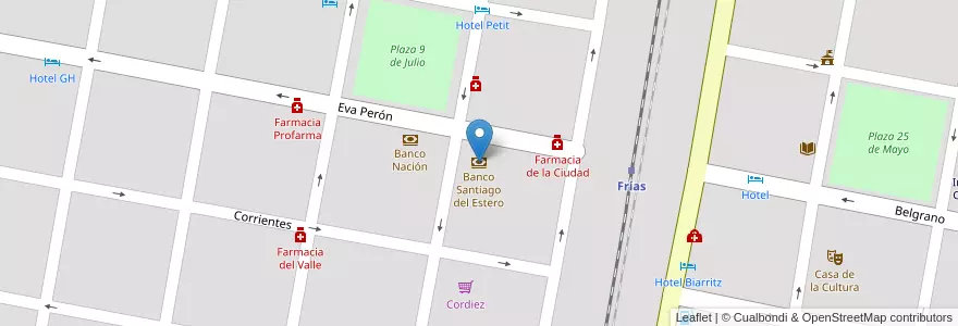 Mapa de ubicacion de Banco Santiago del Estero en Arjantin, Santiago Del Estero, Departamento Choya, Frías.