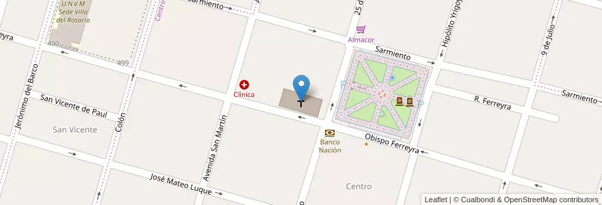 Mapa de ubicacion de Basílica Menor Nuestra Señora del Rosario en アルゼンチン, コルドバ州, Departamento Río Segundo, Pedanía Villa Del Rosario, Municipio De Villa Del Rosario, Villa Del Rosario.