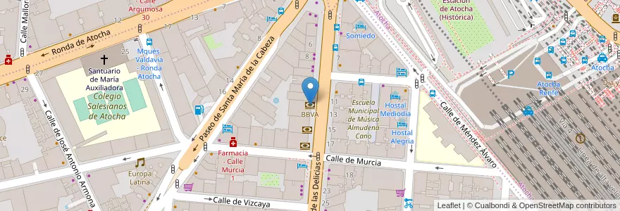 Mapa de ubicacion de BBVA en اسپانیا, بخش خودمختار مادرید, بخش خودمختار مادرید, Área Metropolitana De Madrid Y Corredor Del Henares, مادرید.