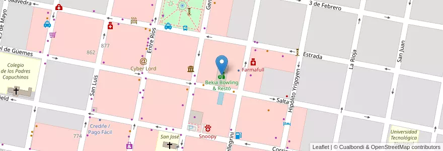 Mapa de ubicacion de Bekia Bowling & Restó en Argentina, Entre Ríos, Departamento Concordia, Distrito Suburbios, Concordia, Concordia.