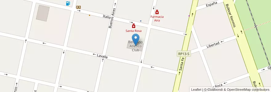 Mapa de ubicacion de Belgrano Atlético Club en アルゼンチン, サンタフェ州, Departamento Belgrano, Municipio De Las Rosas.