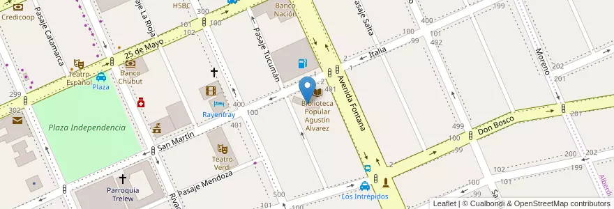 Mapa de ubicacion de biblioteca Agustin Alvarez en 阿根廷, Chubut, Trelew, Departamento Rawson.