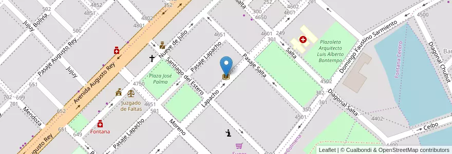 Mapa de ubicacion de Biblioteca Bartolomé Eleuterio Pisarello en アルゼンチン, チャコ州, Departamento San Fernando, Municipio De Fontana, Fontana.