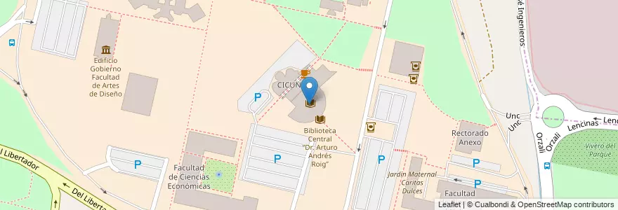 Mapa de ubicacion de Biblioteca Central “Dr. Arturo Andrés Roig” en Argentinië, Chili, Mendoza, Departamento Capital, Ciudad De Mendoza.