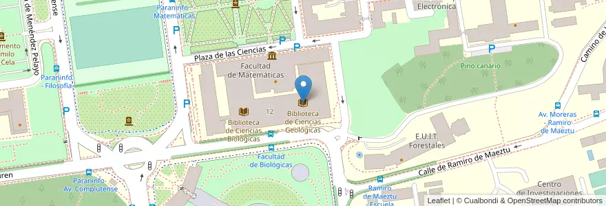 Mapa de ubicacion de Biblioteca de Ciencias Geológicas en İspanya, Comunidad De Madrid, Comunidad De Madrid, Área Metropolitana De Madrid Y Corredor Del Henares, Madrid.