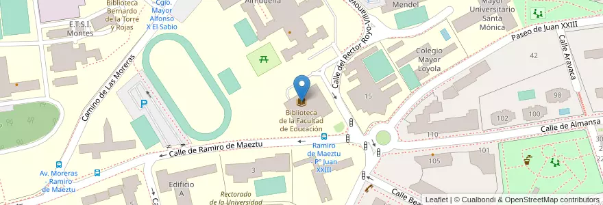 Mapa de ubicacion de Biblioteca de la Facultad de Educación en اسپانیا, بخش خودمختار مادرید, بخش خودمختار مادرید, Área Metropolitana De Madrid Y Corredor Del Henares, مادرید.