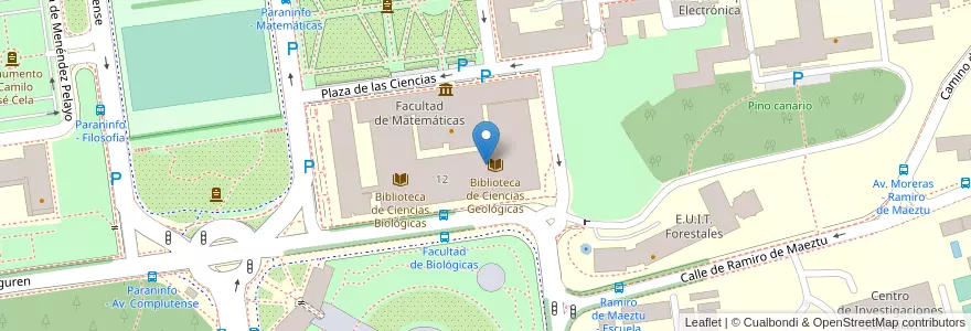 Mapa de ubicacion de Biblioteca del Instituto de Geociencias (CSIC-UCM) en Sepanyol, Comunidad De Madrid, Comunidad De Madrid, Área Metropolitana De Madrid Y Corredor Del Henares, Madrid.