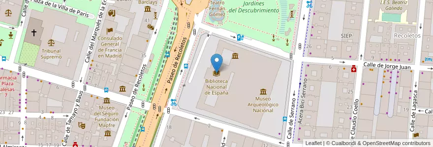 Mapa de ubicacion de Biblioteca Nacional de España en España, Comunidad De Madrid, Comunidad De Madrid, Área Metropolitana De Madrid Y Corredor Del Henares, Madrid.