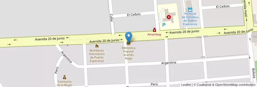 Mapa de ubicacion de Biblioteca Popular Arandu Roga en アルゼンチン, ミシオネス州, Departamento Iguazú, Municipio De Puerto Esperanza, Puerto Esperanza.