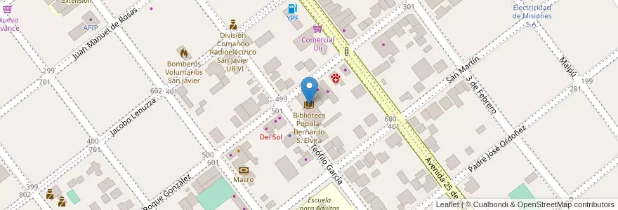 Mapa de ubicacion de Biblioteca Popular Bernardo S. Elvira en 阿根廷, Misiones, Departamento San Javier, Municipio De San Javier.