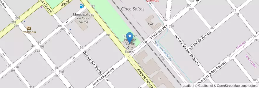 Mapa de ubicacion de Biblioteca Popular "Carlos G. y Spano" en アルゼンチン, チリ, リオネグロ州, Municipio De Cinco Saltos, Departamento General Roca.