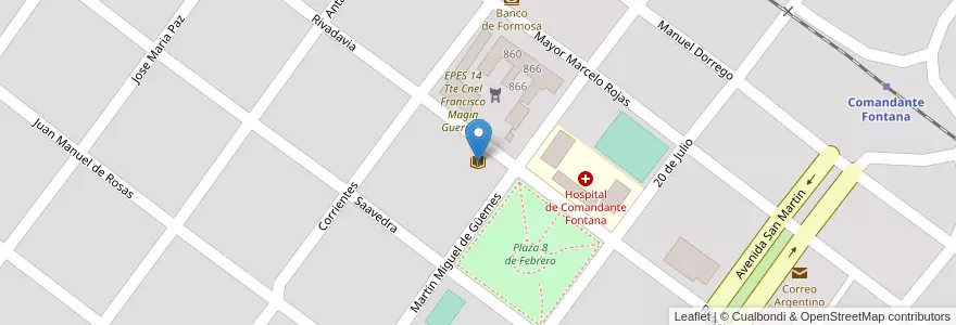 Mapa de ubicacion de Biblioteca Popular Dr. Ernesto Guevara en アルゼンチン, フォルモサ州, Departamento Patiño, Municipio De Comandante Fontana.