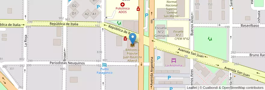 Mapa de ubicacion de Biblioteca Popular Juan Bautista Alberdi en Argentina, Chile, Neuquén, Departamento Confluencia, Municipio De Neuquén, Neuquén.