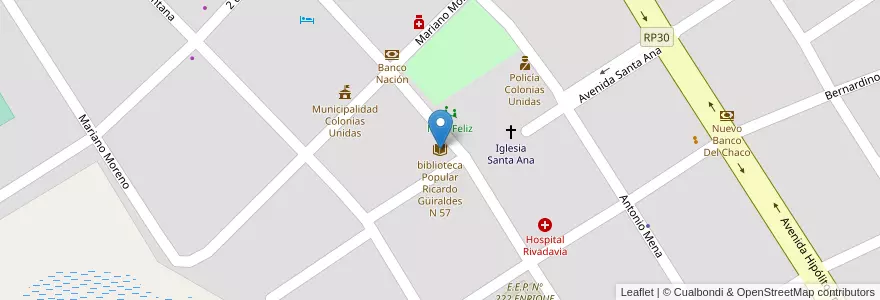 Mapa de ubicacion de biblioteca Popular Ricardo Güiraldes N 57 en アルゼンチン, チャコ州, Departamento Sargento Cabral, Municipio De Colonias Unidas, Colonias Unidas.