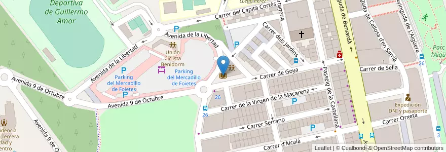 Mapa de ubicacion de Biblioteca Pública Municipal Foietes Benidorm en España, Comunitat Valenciana, Alacant / Alicante, La Marina Baixa, Benidorm.