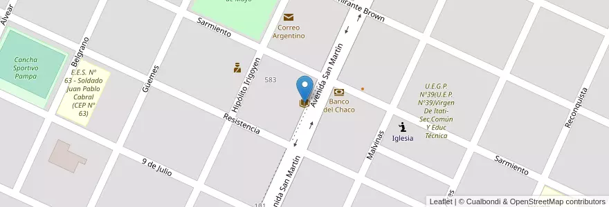 Mapa de ubicacion de Biblioteca Publica Nº 83 Adolfo Bioy Casares en アルゼンチン, チャコ州, Almirante Brown, Municipio De Pampa Del Infierno, Pampa Del Infierno.