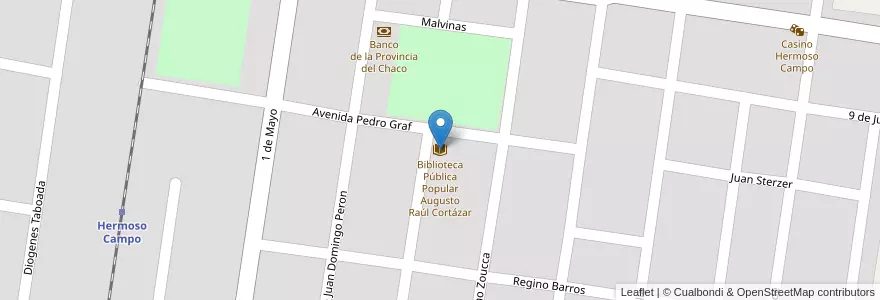 Mapa de ubicacion de Biblioteca Pública Popular Augusto Raúl Cortázar en Argentinien, Chaco, Departamento Dos De Abril, Municipio De Hermoso Campo, Hermoso Campo.