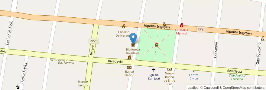 Mapa de ubicacion de Biblioteca Rivadavia en アルゼンチン, エントレ・リオス州, Departamento Feliciano, Distrito Basualdo, San José De Feliciano.