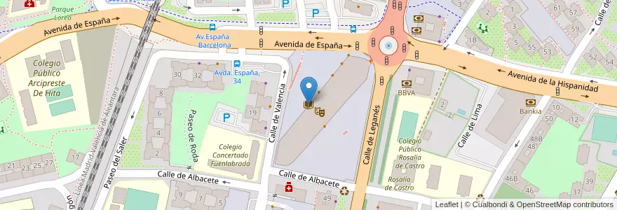 Mapa de ubicacion de Biblioteca Tomás y Valiente en اسپانیا, بخش خودمختار مادرید, بخش خودمختار مادرید, Área Metropolitana De Madrid Y Corredor Del Henares, Fuenlabrada.