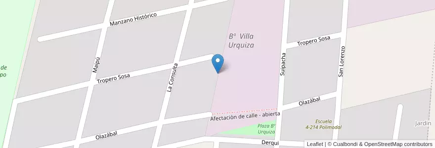 Mapa de ubicacion de Bº  Villa Urquiza en آرژانتین, شیلی, Mendoza, Departamento Tunuyán, Distrito Ciudad De Tunuyán.