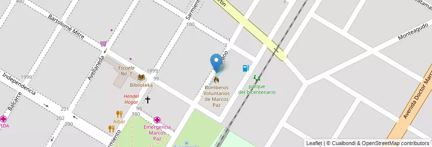 Mapa de ubicacion de bomba de agua de los bomberos en 阿根廷, 布宜诺斯艾利斯省, Partido De Marcos Paz, Marcos Paz.