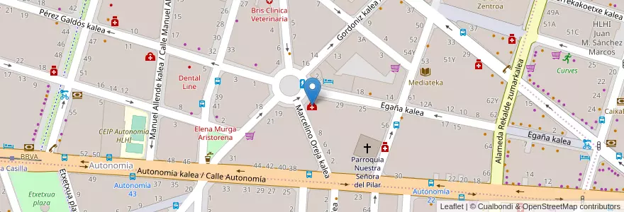 Mapa de ubicacion de Bombero Etxaniz Anbulatorioa en スペイン, バスク州, Bizkaia, Bilboaldea, ビルバオ.