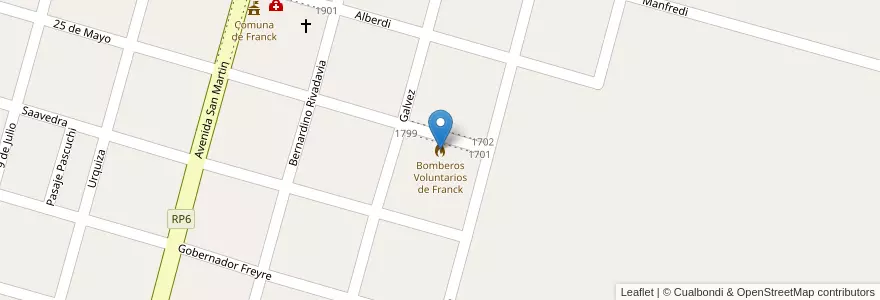 Mapa de ubicacion de Bomberos Voluntarios de Franck en Arjantin, Santa Fe, Departamento Las Colonias, Municipio De Franck, Franck.