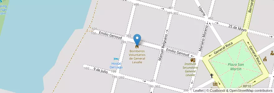 Mapa de ubicacion de Bomberos Voluntarios de General Levalle en アルゼンチン, コルドバ州, Departamento Presidente Roque Sáenz Peña, Pedanía La Amarga, Municipio De General Levalle, General Levalle.