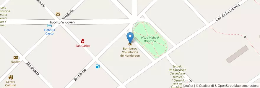 Mapa de ubicacion de Bomberos Voluntarios de Henderson en Argentina, Buenos Aires, Partido De Hipólito Yrigoyen.