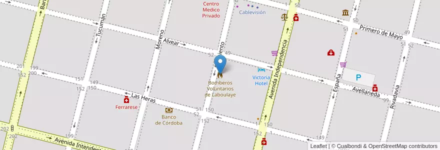 Mapa de ubicacion de Bomberos Voluntarios de Laboulaye en アルゼンチン, コルドバ州, Departamento Presidente Roque Sáenz Peña, Pedanía La Amarga, Municipio De Laboulaye, Laboulaye.