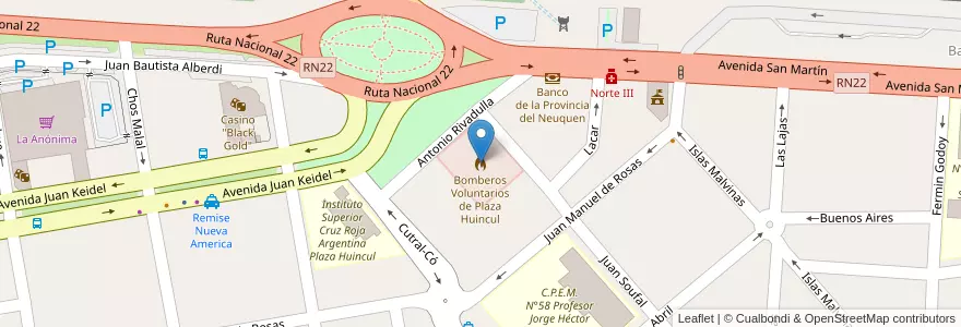 Mapa de ubicacion de Bomberos Voluntarios de Plaza Huincul en Argentinië, Chili, Neuquén, Departamento Confluencia, Municipio De Plaza Huincul, Plaza Huincul.
