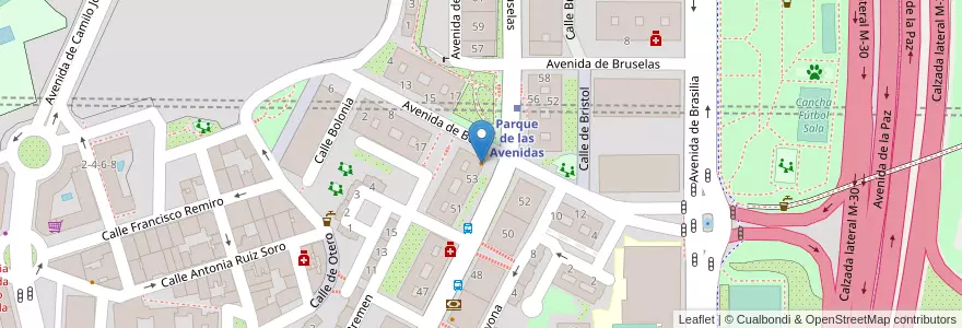 Mapa de ubicacion de Bruselas en إسبانيا, منطقة مدريد, منطقة مدريد, Área Metropolitana De Madrid Y Corredor Del Henares, مدريد.