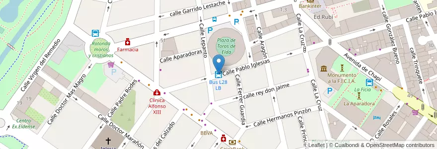 Mapa de ubicacion de Bus L28 LB en اسپانیا, Comunitat Valenciana, Alacant / Alicante, El Vinalopó Mitjà / El Vinalopó Medio, Elda.