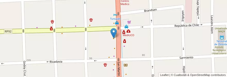 Mapa de ubicacion de Café Colón en Argentina, Chile, Mendoza, Departamento Tunuyán, Distrito Ciudad De Tunuyán.