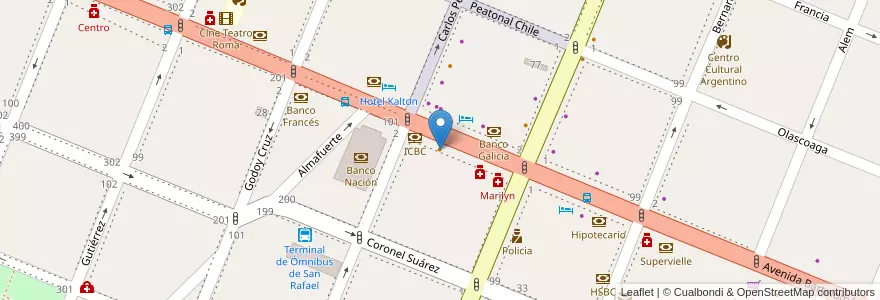Mapa de ubicacion de Cafe Jireh en Argentinië, Chili, Mendoza, San Rafael, Distrito Ciudad De San Rafael, Departamento San Rafael.