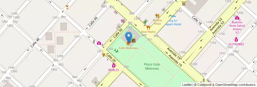 Mapa de ubicacion de Cafe Malvinas, Casco Urbano en アルゼンチン, ブエノスアイレス州, Partido De La Plata, La Plata.