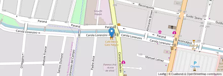 Mapa de ubicacion de Café Restó Gato Negro en Argentinië, Chili, Mendoza, Godoy Cruz, Departamento Godoy Cruz, Distrito Ciudad De Godoy Cruz.
