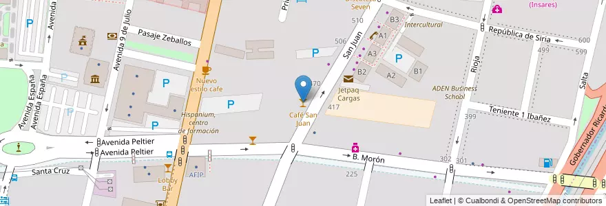 Mapa de ubicacion de Café San Juan en 阿根廷, 智利, Mendoza, Departamento Capital, Sección 2ª Barrio Cívico, Ciudad De Mendoza.