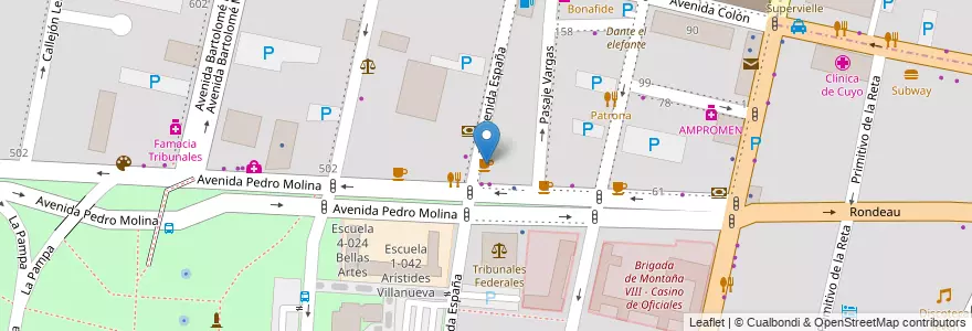 Mapa de ubicacion de Cafe Tribunales en Argentine, Chili, Mendoza, Departamento Capital, Sección 2ª Barrio Cívico, Ciudad De Mendoza.