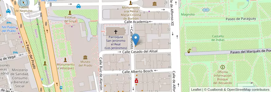 Mapa de ubicacion de Cafetería Los Jerónimos en スペイン, マドリード州, Comunidad De Madrid, Área Metropolitana De Madrid Y Corredor Del Henares, Madrid.