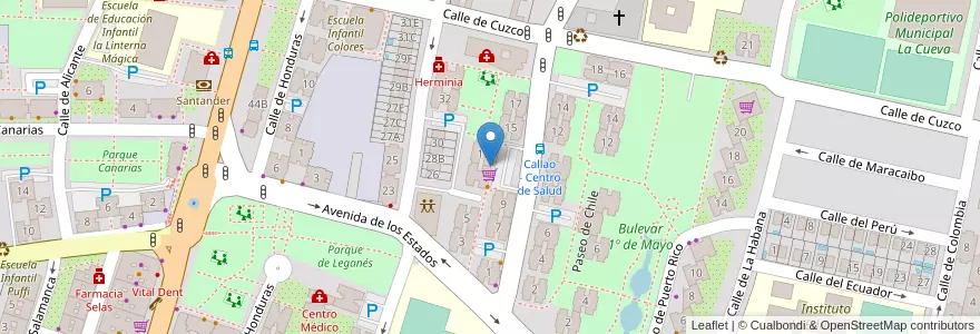 Mapa de ubicacion de Cafetería Vidrios en اسپانیا, بخش خودمختار مادرید, بخش خودمختار مادرید, Área Metropolitana De Madrid Y Corredor Del Henares, Fuenlabrada.