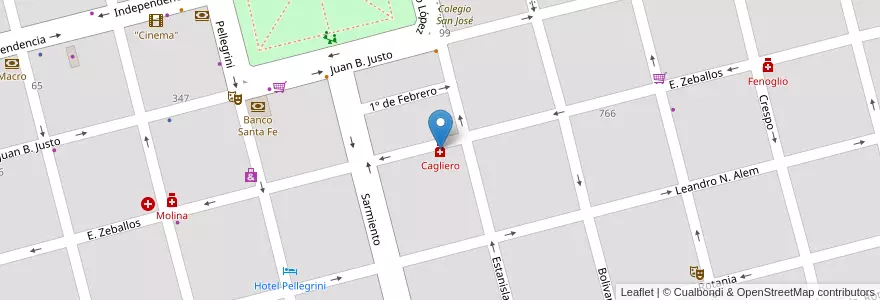 Mapa de ubicacion de Cagliero en Argentinië, Santa Fe, Departamento Castellanos, Municipio De Sunchales.