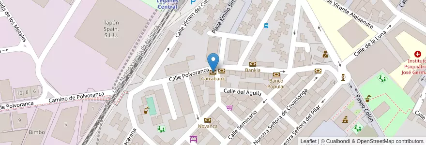 Mapa de ubicacion de Caixabank en إسبانيا, منطقة مدريد, منطقة مدريد, Área Metropolitana De Madrid Y Corredor Del Henares, Leganés.