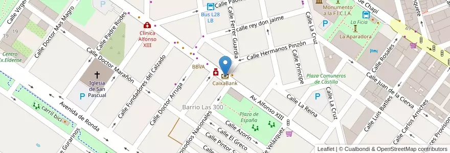 Mapa de ubicacion de CaixaBank en スペイン, バレンシア州, Alacant / Alicante, El Vinalopó Mitjà / El Vinalopó Medio, Elda.