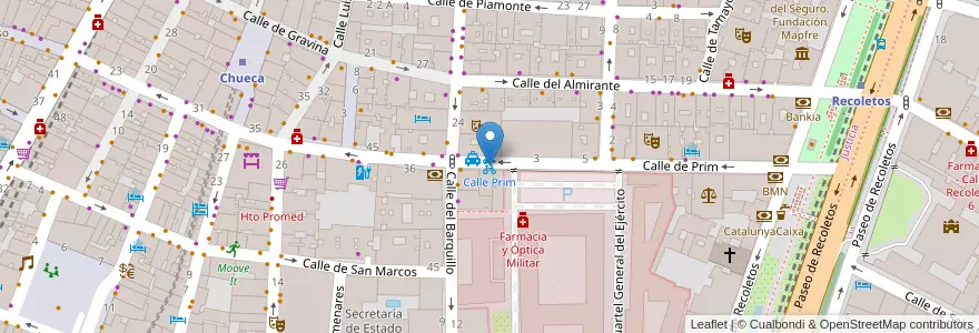 Mapa de ubicacion de Calle Prim en スペイン, マドリード州, Comunidad De Madrid, Área Metropolitana De Madrid Y Corredor Del Henares, Madrid.