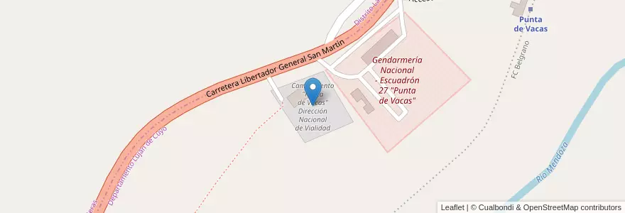 Mapa de ubicacion de Campamento "Punta de Vacas" Dirección Nacional de Vialidad en Arjantin, Şili, Mendoza, Departamento Las Heras.