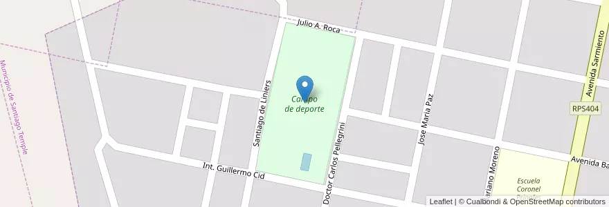 Mapa de ubicacion de Campo de deporte en Arjantin, Córdoba, Departamento Río Segundo, Pedanía Oratorio De Peralta, Santiago Temple.