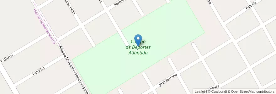 Mapa de ubicacion de Campo de Deportes Atlántida en アルゼンチン, ブエノスアイレス州, Partido De Almirante Brown, Malvinas Argentinas.