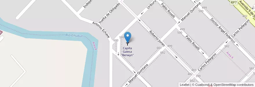 Mapa de ubicacion de Capilla Galesa "Berwyn" en الأرجنتين, شوبوت, Departamento Rawson, روسون.